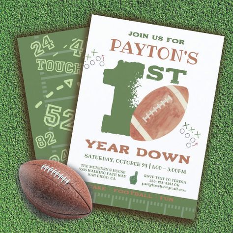 First Down Football Birthday Party Favors, Football 1st Birthday Party Invitations, Number One Draft Pick Birthday, First Year Down Invitations, First Birthday Party Football Theme, Boy 1st Birthday Themes Ideas, First One Down Birthday, One Year Old Football Birthday Party, Football One Year Old Birthday