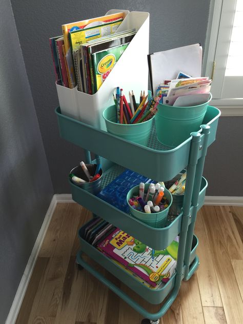 Cart On Wheels Ideas, Home Daycare Small Space Ideas, Kids Art Center At Home, Study Table Ideas For Two, Homeschool Room Ideas Small Spaces, Homeschool Cart Organize, Green Juice For Kids, Art Cart Organization, Kids Study Table Ideas