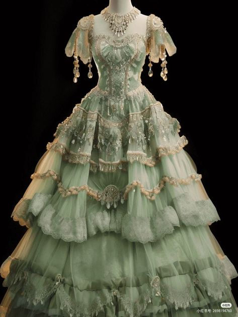 Green Victorian Ball Gown, 1800s Green Dress, Antique Ball Gowns, Elaborate Ball Gowns, 1700 Ball Gowns, Royalty Dresses Princess, Green Ball Gown Aesthetic, Romantic Era Dress, Olden Day Dresses