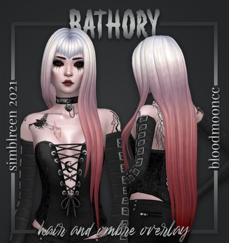 Bathory Hair | SIMBLREEN 2021 Halloween treat 1/4! I originally planned to make the private post public then decided to make an entirely new post so it would pop up in ppl’s dashboards without me... Sims 4 Hairline, Sims 4 Cc Goth, Vampire Hair, Ts4 Hair, Vampire Clothes, Cc Folder, Pelo Sims, Gothic Hairstyles, Goth Hair