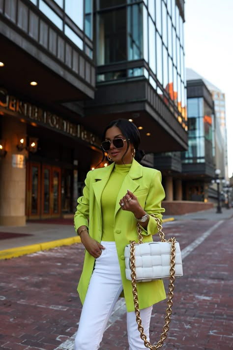 Neon Office Outfit, White And Neon Outfit, Neon Green Shirt Outfit Women, Lime Green Street Style, Neon Green Button Up Shirt Outfit, Lime Green And White Outfit, Lime Green Bodysuit Outfit, Lime Jacket Outfit, Neon Green Outfits For Women