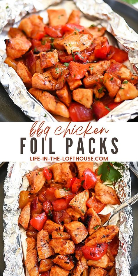 BBQ Chicken Foil Packs are a creative way to enjoy dinner. Chicken, pineapple, bell pepper and onion are all coated in BBQ sauce then wrapped in tinfoil. Cook the packs right on the grill for the ultimate outdoor meal! Easy Chicken Breast Dinner, Chicken Foil Packs, Chicken Breast Recipes Dinners, Tuesday Recipes, Chicken Peppers, Chicken Foil Packets, Foil Pack Dinners, Tofu Marinade, Foil Packet Dinners