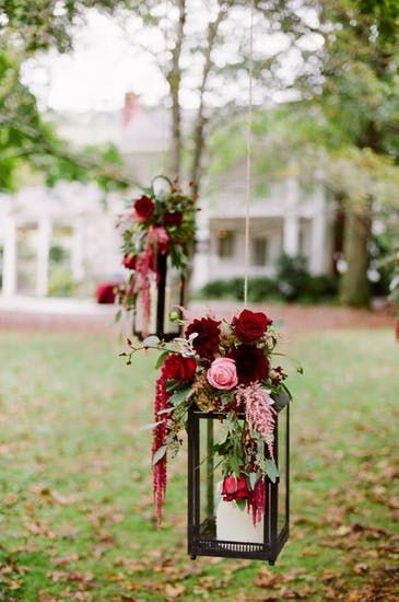 Marsala Wedding Flowers, Lanterns With Flowers, Lantern Decor Wedding, Marsala Wedding, Garden Wedding Reception, Wedding Lanterns, Burgundy Wedding, Red Wedding, Wedding Planners