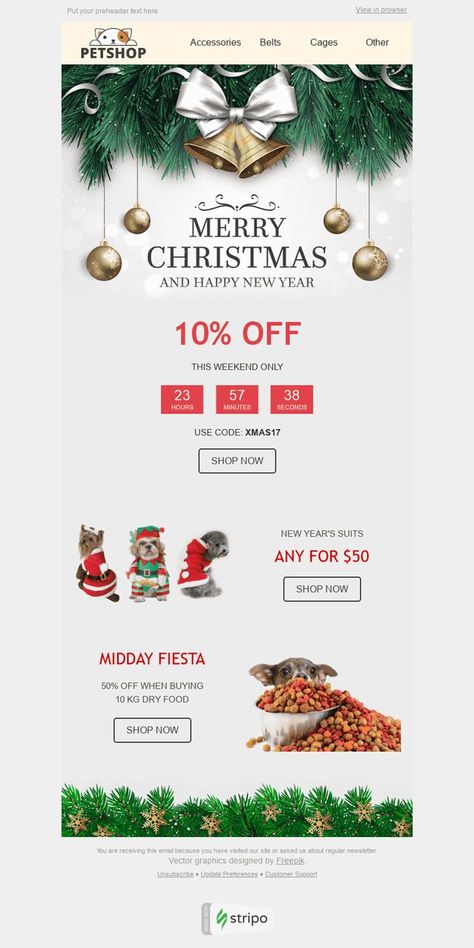 #Christmas #Email #Template "Holiday Spirit" for #Pets industry. Among our Christmas Email Templates, you'll find the one that meets your tastes and current needs best. Edm Marketing, Christmas Sale Email, Christmas Email, Christmas Newsletter, Christmas Marketing, Cv Inspiration, Holiday Emails, Ads Creative Advertising Ideas, Email Blast