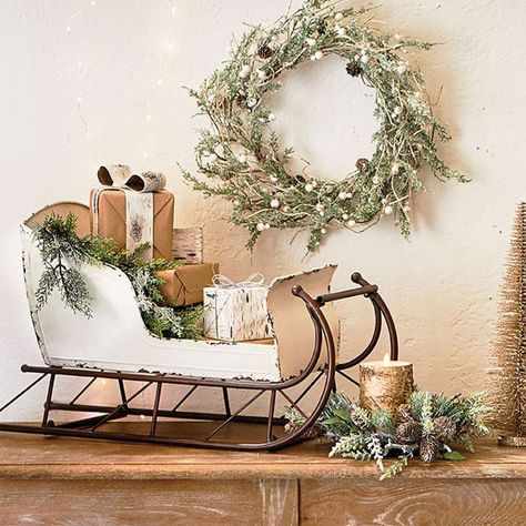 Distressed Iron Sleigh Decor Sleigh Decorating Ideas, Sleigh Decor, Christmas Sleigh Decorations, Christmas Sled, Silver Christmas Decorations, Country Christmas Decorations, Christmas Sleigh, Office Christmas, Christmas Mantels