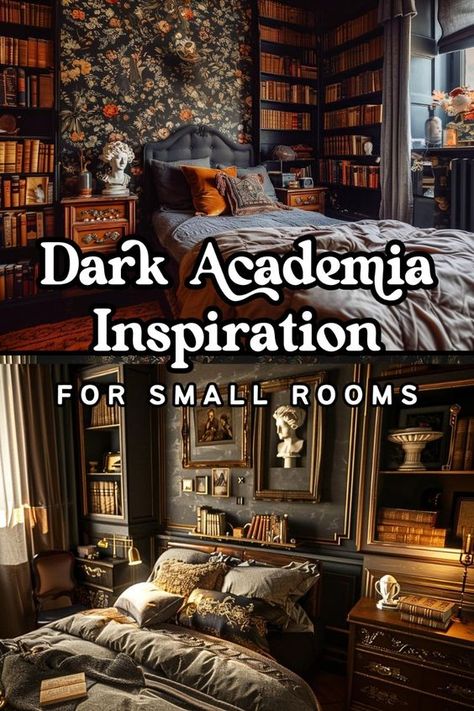 Can the dark academia aesthetic work in a small bedroom? Will the dark color palette make the room feel cramped? When it comes to small spaces, should dark decor be avoided at all costs?  Well, in my opinion, darkness in a small room is a GOOD THING!  In this post, I’m sharing some small bedroom ideas for the dark academia decor look, and explaining why the whole “dark colors make a room feel smaller” thing is a myth. 😉🖤  So if you live in a small apartment with a small bedroom area and you love dark academia, read on! Dark Academia Cottagecore Interior, Dark Academia Meets Boho, Dark Maximalism Apartment, Dark Academia Studio Apartment, Small Dark Academia Bedroom, Dark Academia Small Bedroom, Dark Home Design, Small Vintage Bedroom, Dark Witchy Bedroom