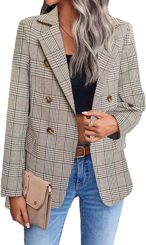 Tan Blazer Jacket for Women Brown Camel Fall Winter Houndstooth Plaid Checkered Long Blazers Jackets Coats at Amazon Women’s Clothing store Womens Plaid Blazer, Business Elegant, Silvester Outfit, Casual Blazer Women, Casual Professional, Blazer Jackets For Women, Business Casual Outfits For Women, Work Suits, Womens Business Casual