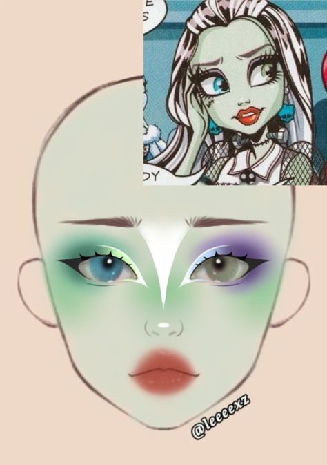 Frankie Stein Inspired Makeup, Frankie Monster High Makeup Look, Frankie Stein Makeup Inspiration, Frankie Makeup Monster High, Monster High Frankie Makeup, Halloween Face Charts, Frankie Monster High Makeup, Monster High Maquillaje, Monster High Inspired Makeup