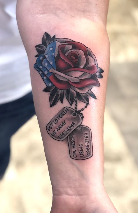 #rose #tattoo #usarmy #usmc #proud #grandpas #redwhiteblue #militarytattoo #honor Marine Family Tattoo, Army Remembrance Tattoos, Memorial Airforce Tattoos, Navy Remembrance Tattoo, Army Memorial Tattoo Grandpa, Marine Corps Tattoos In Memory, Marine Memorial Tattoo Grandpa, Usmc Memorial Tattoo, Tattoos To Honor Grandpa