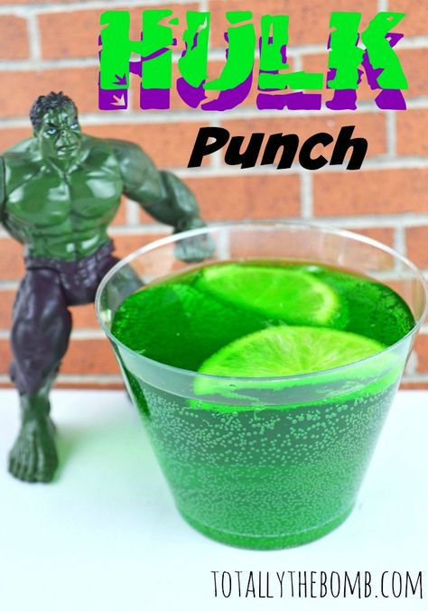 Make your own Hulk punch- lemonade, lime cordial, fresh limes, food colouring. Hulk Drink, Hulk Smash Party, Incredible Hulk Party, Hulk Punch, Hulk Birthday Parties, Hero Ideas, Hulk Party, Super Hero Party, Marvel Party