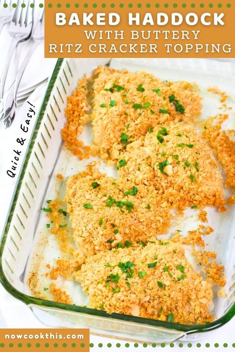 This quick and easy baked haddock with Ritz cracker topping - also known as New England style baked haddock - is absolutely delicious and ready to eat in just 30 minutes. Tender, flaky and mild haddock is seasoned with Old Bay and topped with crisp, buttery Ritz cracker crumbs with a hint of garlic. It's a simple fish dinner that's perfect for any night of the week and is sure to become a family favorite! Get the recipe and try it! Baked Haddock Recipes, Ritz Cracker Topping, Baked Haddock, Ritz Cracker Recipes, Haddock Recipes, Bread Crumbs Recipe, Cracker Toppings, Fish Recipes Baked, Fish Dinner Recipes