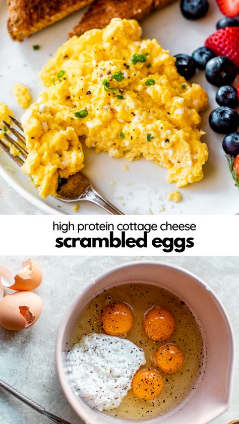 Scrambled Eggs With Cottage Cheese, Eggs With Cottage Cheese, Protein Cottage Cheese, Scrambled Eggs With Cheese, High Protein Breakfast Recipes, Fluffy Eggs, Healthy High Protein Meals, Cottage Cheese Recipes, High Protein Breakfast