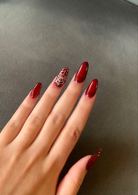 Spiderman nails , red nails , chrome nails , nailart, nail inspo , nail designs Red Nails Spiderman, Nail Inspo Spiderman, Simple Spiderman Nails, Spiderman Inspired Nails, Spiderman Nails Designs, Red Nails Halloween, Spiderman Nail Art, Red Nails Chrome, Nails Spiderman