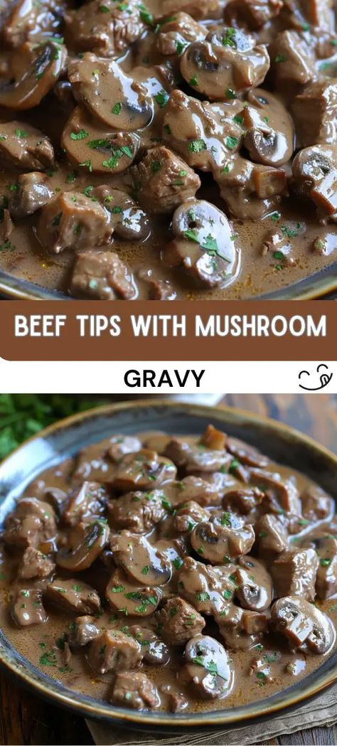 Beef Tips with Mushroom Gravy Beef Tips With Mushroom Gravy, Tender Beef Tips, Beef Tips And Rice, Rice And Gravy, Beef Tips And Gravy, Easy Steak Recipes, Lunch Appetizers, Best Chili Recipe, Beef Stew Meat