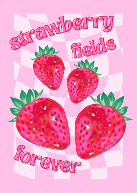 Strawberry Fields Forever Poster, Strawberry Poster Design, Strawberry Moodboard, Strawberry Shortcake Poster, Coquette Ipad, Poster Commercial, Strawberry Poster, Photo Collage Prints, Chocolate Covered Fruit