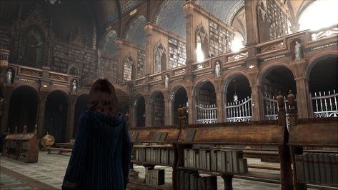 The Library Library Aesthetic Hogwarts, Hogwarts Legacy Library, Dark Hogwarts, Victorian Library Study, Hogwarts University, Big Library Aesthetic Castle, Old Mansion Library, Hogwarts Visuals, Old Huge Library Aesthetic