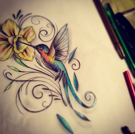 Humming Bird and flower tattoo Hummingbird Flower Tattoos, Bird And Flower Tattoo, Wildflowers Tattoo, Daffodil Tattoo, Cat Tattoos, Flower Tattoo Sleeve, Hummingbird Tattoo, Tiny Tattoo, Bird Tattoo