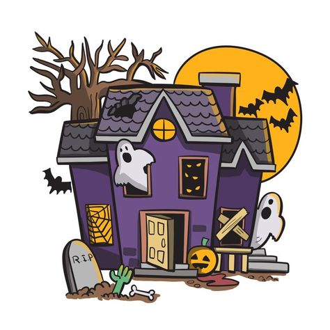 Haunted old house with ghosts illustration Cute Haunted House Illustration, Halloween Illustrations Cute, Cartoon Haunted House Drawing, Halloween House Illustration, Halloween House Drawing, Haunted House Cartoon, Ghosts Illustration, Haunted House Illustration, Easy Haunted House