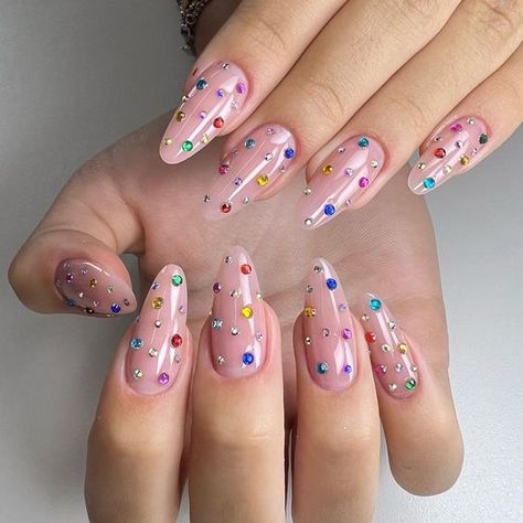 Rhinestone Summer Nails 2024: 20 Dazzling Designs for Every Style Nail Designs Festival, Rhinestone Nails Colorful, Summer Rhinestone Nails, Colorful Diamond Nails, Minimalist Rhinestone Nail, Diamonte Nail Designs, Nail Art Rhinestones Ideas, New Nails Design 2024, Color Rhinestone Nails