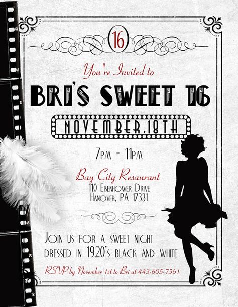 Birthday Invite Idea. I could definitely use for my sweet 16. Hollywood Sweet 16, Old Hollywood Party, Old Hollywood Theme, Hollywood Birthday Parties, Hollywood Birthday, Hollywood Party Theme, Hollywood Theme, Sweet Sixteen Parties, Sweet Night