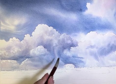 Landscape Steps, Canvas Art Painting Acrylic, Watercolor Art Landscape, Watercolor Clouds, Watercolor Sky, Watercolor Video, Watercolor Paintings For Beginners, Watercolor Lessons, Easy Canvas Art