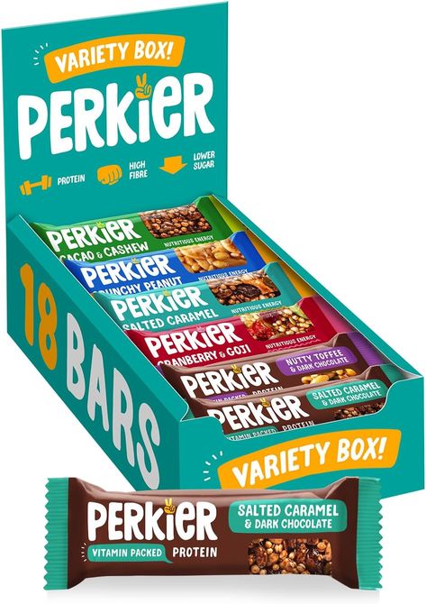 Perkier Variety Box – six different flavours including Salted Caramel & Dark Chocolate, Crunchy Peanut and Cranberry & Goji (flavours may vary) All Natural Ingredients – tasty vegan nut bars with no artificial preservatives, sweeteners colours or flavours and no added sugar! Protein & High Fibre snack – great healthy alternative to biscuits and chocolate. Suitable for on-the-go, post-workout, lunchboxes or guilt-free morning or afternoon snacks Healthy & Tasty – gluten free Snack Bar Packaging Design, Millet Bars, Energy Bar Packaging, Protein Bar Packaging, Healthy Snack Brands, Chocolate Bar Brands, Healthy Food Packaging, High Fiber Snacks, Fiber Snacks