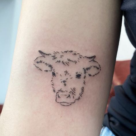 Cow And Bull Tattoo, Cow Tattoo Small Cute, Cows Tattoo Ideas, Small Cow Tattoo For Women, Longhorn Knee Tattoo, Minimal Cow Tattoo, Tiny Cow Tattoo Minimalist, Highland Cow Outline Tattoo, Realistic Cow Tattoo