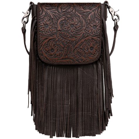 PRICES MAY VARY. Fringe crossbody purse: Made of genuine leather. Floral tooled pattern on the flap with magnetic button closure. Whipstitch details on the side of the flap. Lobster clasp which can convert to clip bag. Detachable adjustable shoulder straps (48"). Inside of the crossbody includes an open pocket; A zipper pocket on the back. Measured 8'' X 2.5" X 6.5" (Drop 24"). PLEASE NOTE :IT IS SMALL SIZE CROSSBODY BAG. Fringe Western Purse, Western Purses With Fringe, Western Crossbody Purse, Fringe Crossbody Purse, Leather Fringe Purse, Western Purses, Fringe Purse, Crossbody Handbags, Women Crossbody Bag