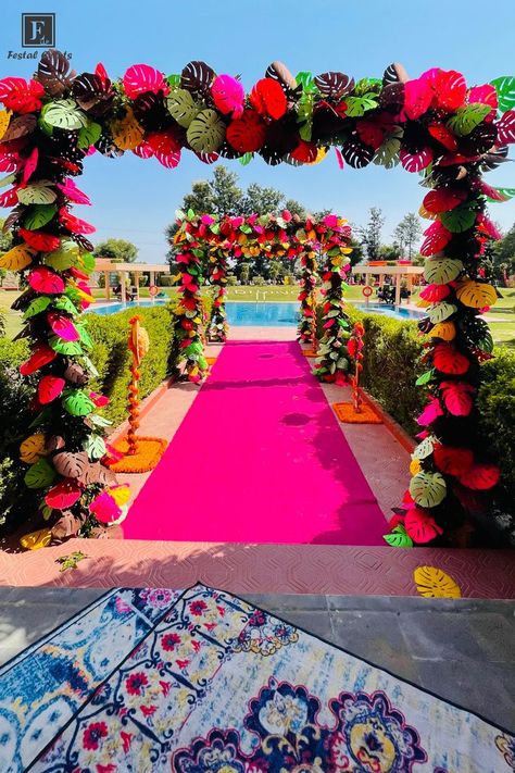 Colorful Indian Wedding Decor, Mehandi Entrance Decor, Tropical Entrance Decor, Tropical Haldi Decor, Tropical Mehendi Decor, Tropical Wedding Theme Decor, Wedding Carnival Theme Decor, Carnival Theme Wedding Decor, Bhaat Ceremony Decor