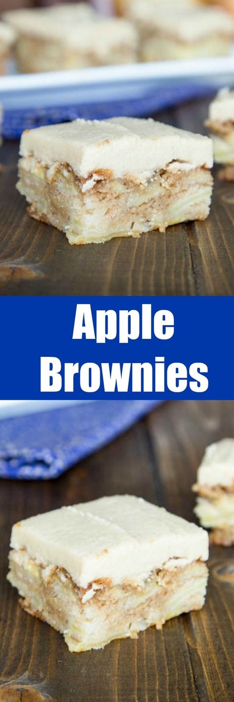 Apple Brownies - Blonde brownies full of real pieces of apple and baked until golden brown. Topped with a Cinnamon Brown Sugar Frosting to make them the perfect fall treat! Apple Brownies, Apple Blondies, Brown Sugar Frosting, Blonde Brownies, Halloween Cookie Recipes, Sugar Frosting, Easy Meal Ideas, Cinnamon Brown, Cookie Bar Recipes