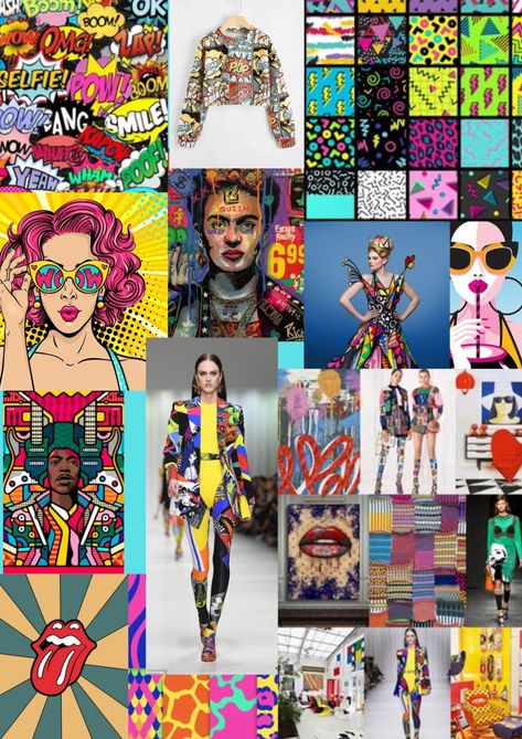 Pop Art Mood Board Fashion, Pop Art Mood Board, Textile Moodboard, Art Mood Board, Cubism Fashion, Theory Fashion, 60s Summer, Mood Board Fashion Inspiration, Textiles Gcse