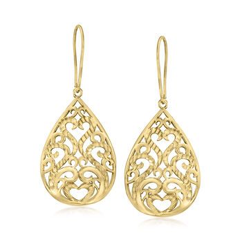 Ross-Simons - 18kt Gold Over Sterling Teardrop Filigree Drop Earrings. Beautifully handcrafted in gleaming 18kt yellow gold over sterling silver, these elegant filigree earrings add a unique touch to your look. Hanging length is 1 7/8". Earwire, 18kt yellow gold over sterling silver filigree drop earrings. Timeless Looks, Huggie Earrings Gold, Turquoise Drop Earrings, Fine Jewelery, Filigree Earrings, Sterling Silver Filigree, Diamond Drop Earrings, Diamond Drops, Silver Filigree