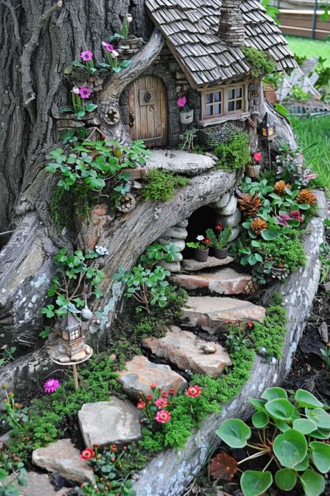 Fairy House Ideas, Miniature Fairy Garden Diy, Garden Corner Ideas, Fairy Tree Houses, Corner Ideas, Garden Corner, Fairy Garden Ideas, Fairy Homes, Fairy House Diy