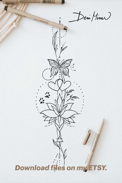 Line drawing of flowers and butterfly signed by the Slovak artist Deni Minar. Available for download and suitable as a tattoo for all love seekers and nature lovers. Fine Line Tattoo Forearm, Mesmerizing Tattoos, 24 Tattoo, Story Tattoo, Tattoo Butterfly, Family Story, Spine Tattoos For Women, Tiny Tattoo, Butterfly Heart