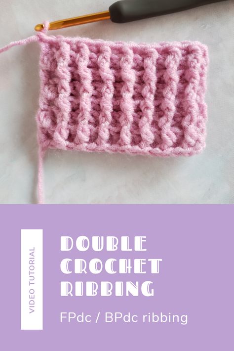 Double crochet ribbing tutorial. Learn post stitches: front post double crochet (fpdc) and back post double crochet (bpdc). Front And Back Post Double Crochet, Crochet Front Post Double Crochet, Front Post Double Crochet Tutorial, Crochet Ribbing Tutorial, Fpdc Crochet Stitch, Crochet Ribbing, Triple Crochet Stitch, Crochet Waistband, Ribbed Crochet