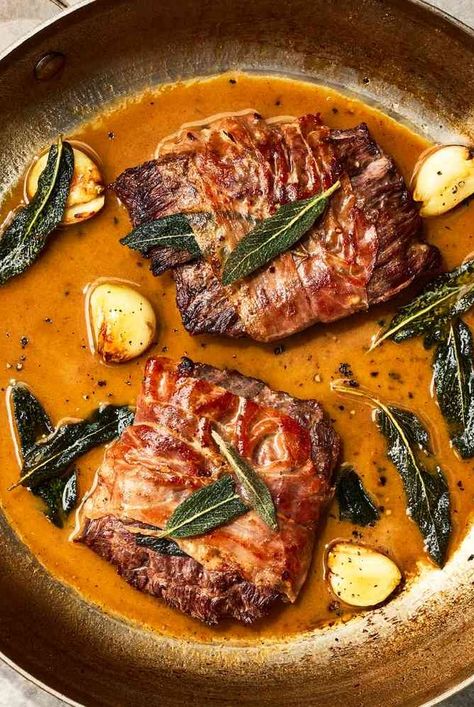 Skirt Steak Saltimbocca, Saltimbocca Recipe, Spicy Sausage Pasta, Steak Dinners, Skirt Steak Recipes, Chicken Saltimbocca, Italian Meats, Italian Recipes Traditional, Juicy Steak