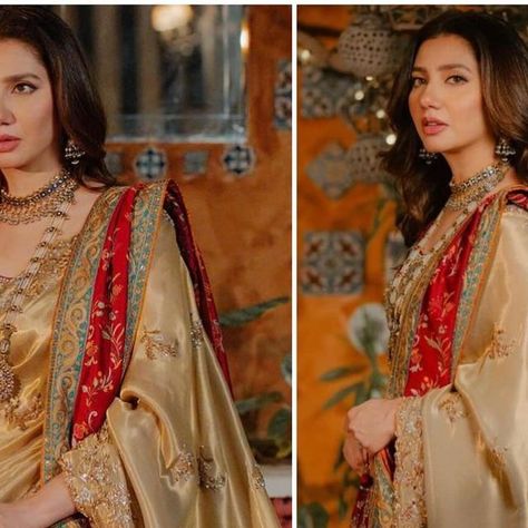 Wedding Style and Fashion | Kinza Nasrullah on Instagram: "How regal!  @mahirahkhan in a gold lamé saree by couture queen @buntokazmi_official paired with an exquisite handworked shawl at her Walima." Saree With Shawl Style, Saree With Shawl, Shawl Style, Gold Lame, March 16, Wedding Styles, Shawl, Saree, Queen