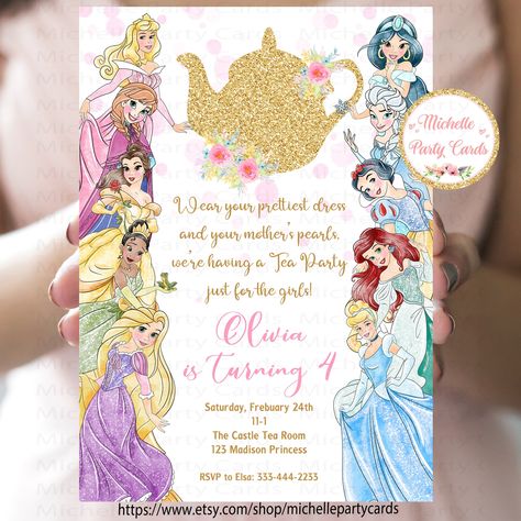 Princess Tea Party Birthday Invitations, Princess Tea Party Invitations, 3 Year Princess Birthday Party, Tea Party Princess Birthday, Disney Princess Tea Party Birthday, Tea For Three Birthday Party, Princess Tea Party Ideas, Disney Tea Party, Teaparty Birthday