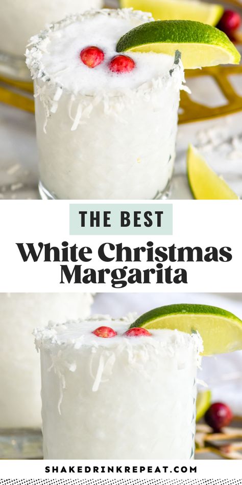 Are you dreaming of a White Christmas Margarita? This festive margarita has all the flavors of your standard margarita with the addition of coconut and is garnished with cranberries and a lime for a festive flare. Christmas Margaritas, White Christmas Margarita, White Christmas Martini, Holiday Margaritas, Christmas Margarita, Tropical Backdrop, Christmas Cocktails Easy, Christmas Martini, Cranberry Margarita