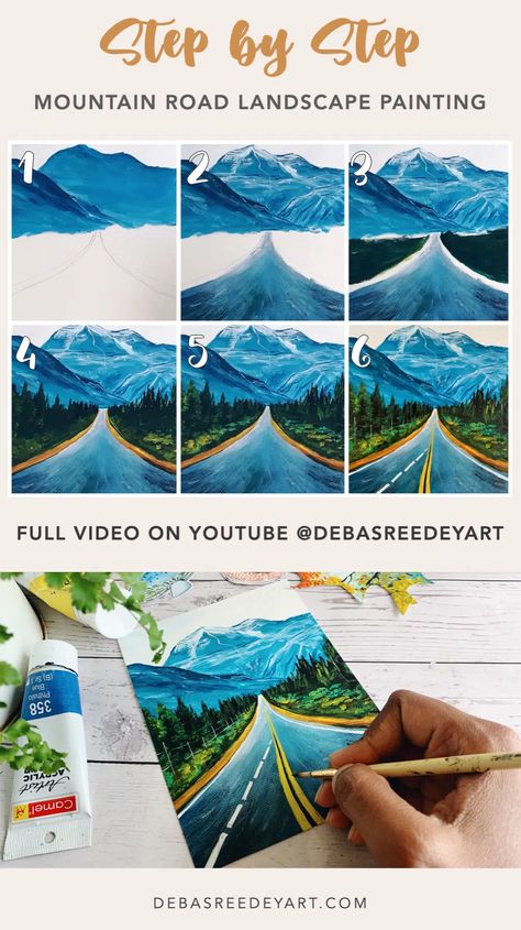 Mountain road painting - Acrylic landscape Step by step - Debasree Dey Art Road Painting Easy, Draw Landscape Step By Step, Landscape Step By Step, Everyday Painting, Mountain Painting Acrylic, Jungle Painting, Road Painting, Landscape Steps, Color Pencil Illustration