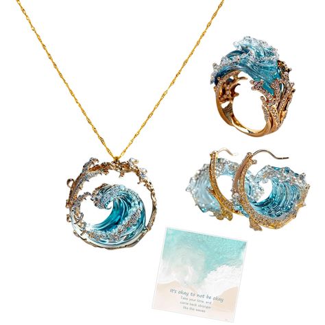 PRICES MAY VARY. 🌊【Inspirational Ocean Jewelry Set】 Inspired by the ocean's waves, the jewelry set serves as a reminder of life's ups and downs. “It's okay to not be okay. Take your time, and come back stronger like the waves,” offers encouragement and strength to the wearer. 🌊【Exquisite Craftsmanship】 Made from S925 silver and plated with 14K gold, this blue sea waves jewelry set boasts high-quality construction. The intricate details and sturdy build ensure durability, making it suitable for Waves Ring, Ocean Jewelry, Ring Pendant, Sea Waves, Ring Pendant Necklace, Ocean Waves, Necklace Earring Set, Blue Sea, Jewelry Gift