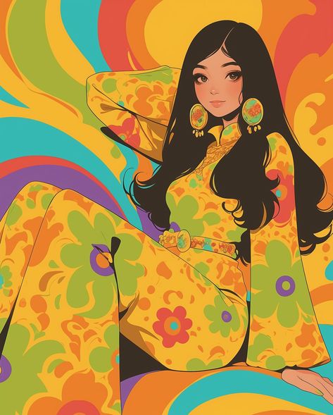 Groovy 70s Aesthetic, Hippie Character Design, 70s Witch Aesthetic, Groovy Art Aesthetic, 70s Drawings, 70s Painting, 70s Illustration, Girly Artwork, Groovy Aesthetic