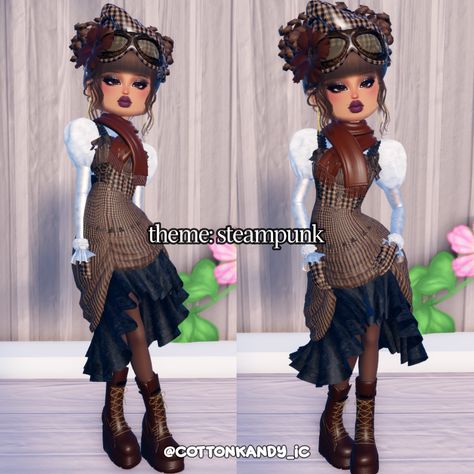 dress to impress theme steampunk outfit inspo no vip Steampunk Dress To Impress No Vip, Steampunk Fashion Dress To Impress, Steampunk Dress To Impress, Time Traveler Dress To Impress, Dress To Impress Outfits No Vip, Dress To Impress No Vip, Duo Dress, Vip Dress, Steampunk Theme