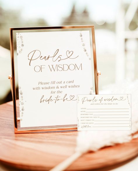 This Pearls of Wisdom Sign features watercolor pearls to add some fun to your Pearls and Prosecco Bridal Shower or special event! After you place your order, you will receive an email from Templett with access to your self-editable template where you will be able to customize all your own details! (Please ensure the email linked to your Etsy account is up to date.) Templett is an online application editor that allows you to completely personalize your printable directly in your browser. Great ne Bridal Shower Theme Unique, Bridal Shower Advice Ideas, Pearls And Bows Bridal Shower Theme, Pearls And Prosecco Engagement Party, Pearls And Persecco Bridal, Bridal Shower Ideas Pearls And Prosecco, Oyster Bridal Shower Theme, Bridal Shower Pearls And Prosecco Theme, A Little Pearl Is On The Way