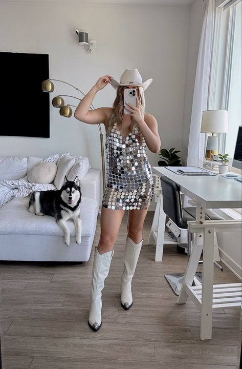 nashville outfit, nashville look, nashville bachelorette, cowboy boots, nashville look, nashville bach aesthetic, white cowboy boots, nashville bach dress, sparkly nashville dress, sequin dress Sequin Cowgirl Outfit, Nashville Bachelorette Party Outfit Bride, Sparkly Cowboy Boots Outfit, Nashville Bride Outfit, Cowboy Boots Nashville, Nashville Dress, Rodeo Wedding, Nashville Bachelorette Party Outfit, Cowboy Bachelorette