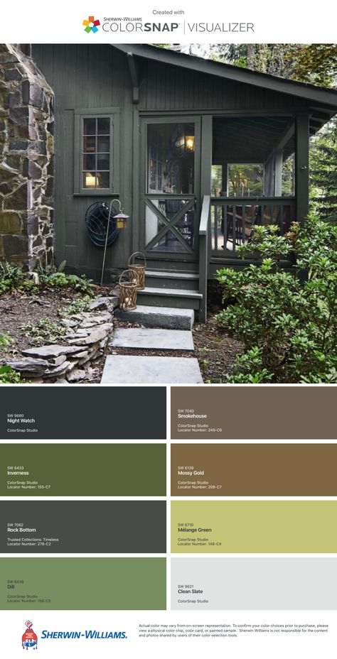 SW color visualizer | Danny Seo’s cottage exterior Dark Green Trim House Exterior, Sw Green Black Exterior, Painted Log Cabin Exterior Color Schemes, Hunter Green Cabin, Dark Green Cottage Exterior, Sage Green Ranch House Exterior, Woodsy Cottage Exterior, Moody Cottage Exterior, Green Cabin Exterior