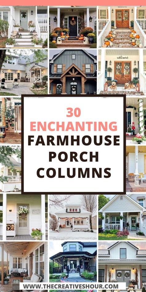 Upgrade your home's entrance with modern farmhouse porch columns! Dive into ideas featuring wood, cedar, and front posts for a trendy look. Explore the perfect blend of modern and rustic charm. #ModernFarmhouse #CedarPosts #FrontPorchIdeas Front Porch Posts Columns Farmhouse, Front Porch Structure Ideas, Outdoor Column Design Ideas, Front Porch Poles Columns, Cedar Wrapped Posts Front Porch, Painted Columns On Front Porch, Outdoor Front Porch Ideas Entrance, Front Porch Gable Ideas, Front Porch Pillar Ideas