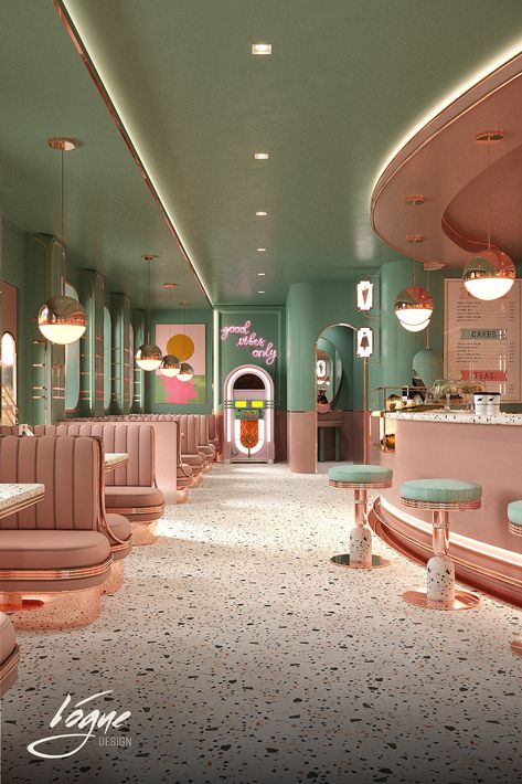 #colorful #interiordesign #interior #cafe #jukebox #Istanbul #jaddah #pink Girly Cafe Interior, Bakery Shop Design Interiors, Cozy Cafe Ideas, Blue Coffee Shop Aesthetic, Blue Cafe Design, Salon Interior Design Pink, Pastel Restaurant, Candy Shop Interior, Pink Cafe Interior