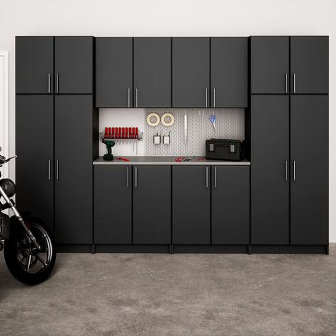 PRICES MAY VARY. Set G Includes: 2x 32 in Storage Cabinet (BES-3264), 2x 32 in Stackable Wall Cabinet (BEW-3224), 2x 16 in Cabinet (BEB-3216), 2x 30 in high Wall Cabinet (BEW-3230) Stylish brushed metal handles MDF doors with profiled (rounded) edges add a level of sophistication 0.63 in thick shelves; Weight Capacity per shelf: 20 lbs top: 50lbs Total Weight Capacity: 400 lbs Metal Garage Organization Ideas, Garage With Cabinets Storage, Garage Storage System, Garage Cabinet Ideas, Garage Organization Cabinets, Black Garage Interior, Garage Storage Ideas Cabinets, Ikea Garage Storage, Garage Cabinets Ikea