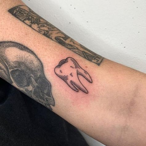 Tooth And Nail Tattoo, Molar Tooth Tattoo, Cool Beans Tattoo, Trad Tooth Tattoo, Sticker Sleeve Filler, Tooth Finger Tattoo, Wisdom Teeth Tattoo, Canine Tooth Tattoo, Small Tooth Tattoo